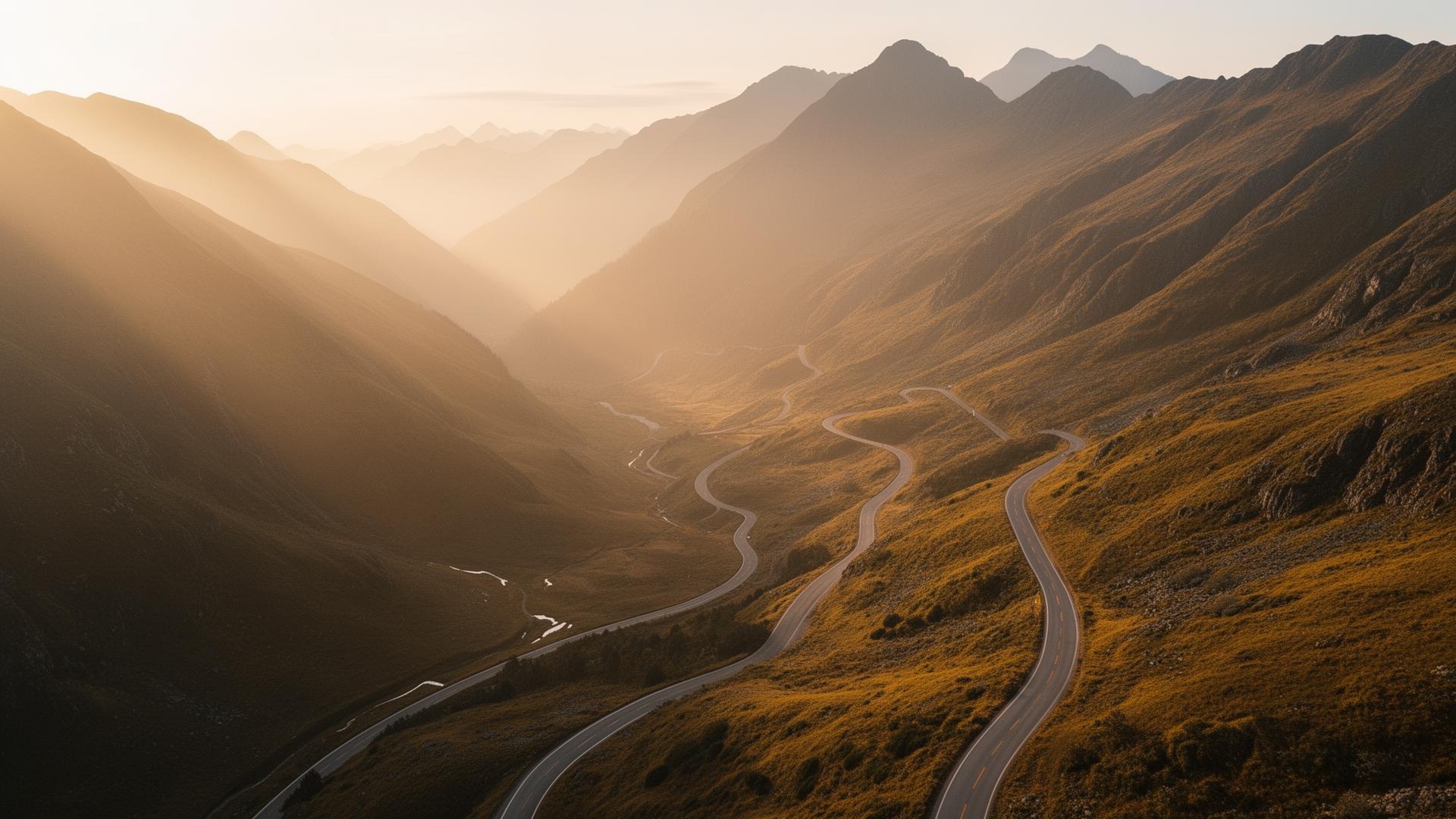 Winding road through sunlit mountains